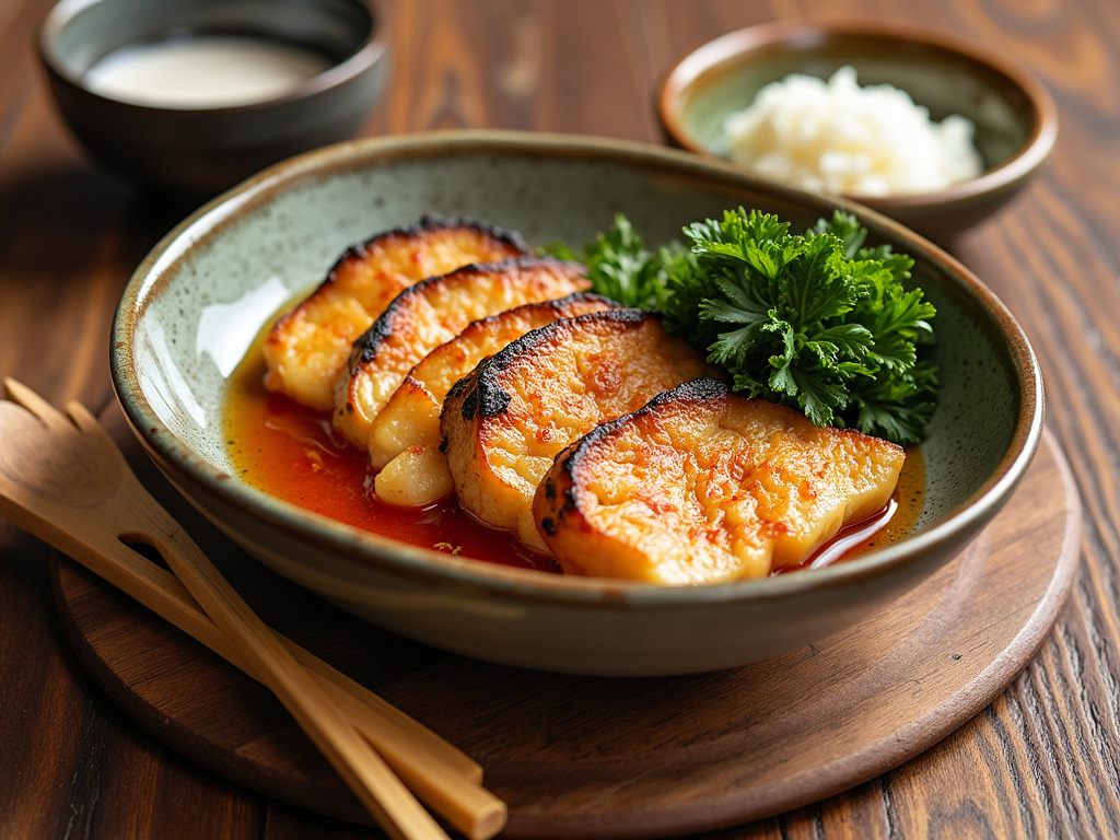 焼き餃子が並べられた緑色の皿、隣にはパセリの添え物、背景には白いご飯とソースが入った小皿が見える。