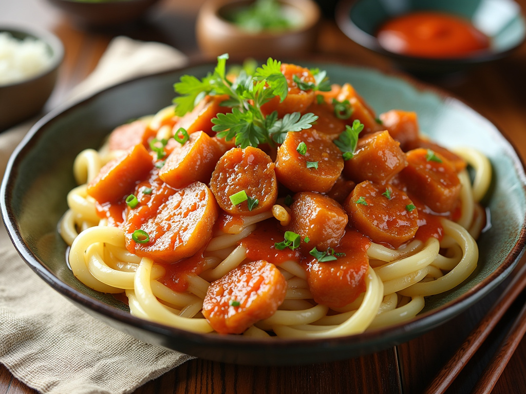 トマトソースとソーセージのパスタ料理