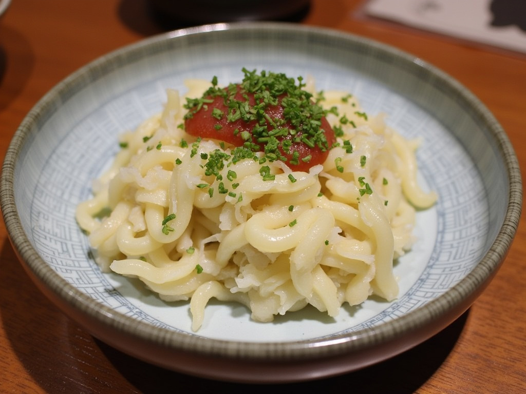 皿に盛られたうどん、上にトマトソースと刻みネギがのっている