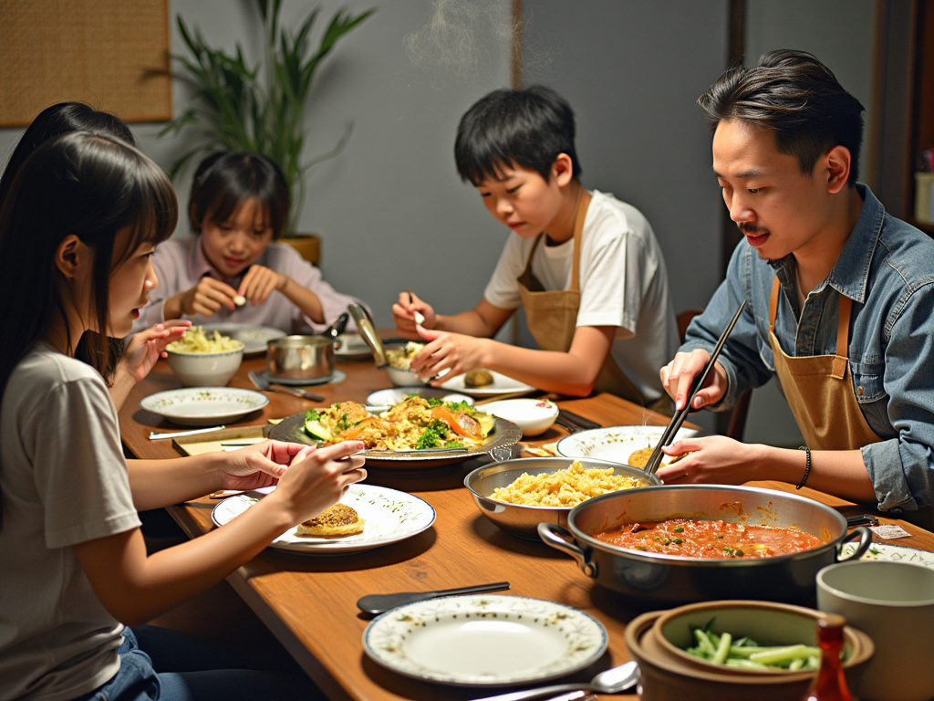 家族が食卓を囲んで夕食を楽しんでいる様子